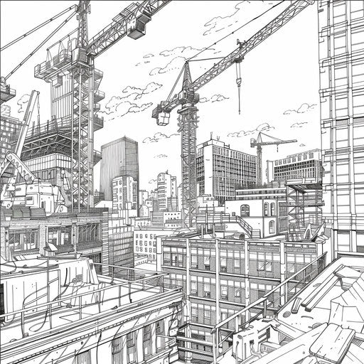 Detailed urban construction site - Stephen Wiltshire style coloring book page