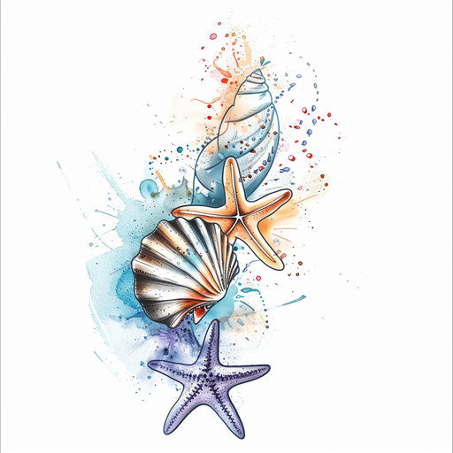 Seashell and starfish with watercolor splashes