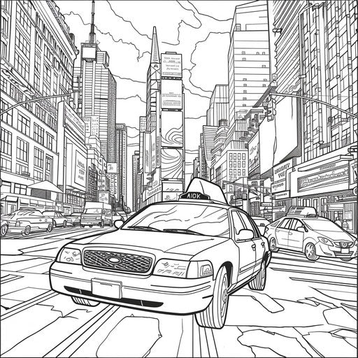 Taxi in a busy street. Coloring book page