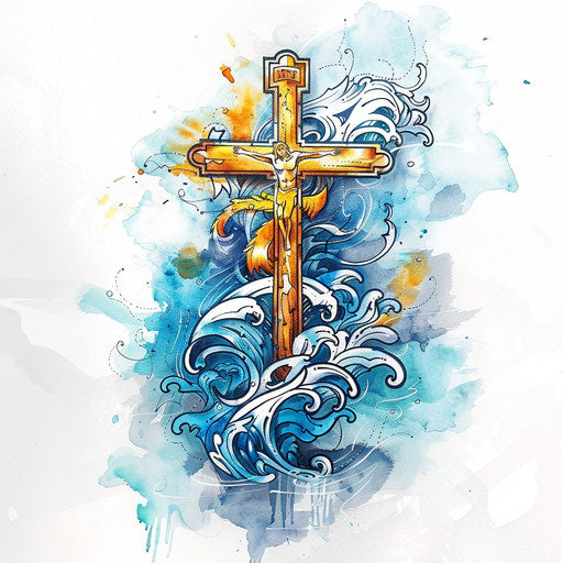 Elegant flat tattoo sketch with watercolor effects of the Cruze amidst ocean waves