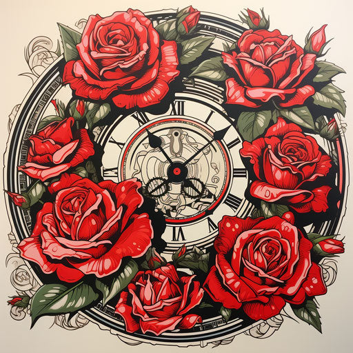 A clock of roses in the style of traditional ink painting