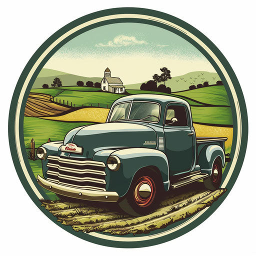Farm logo with vintage truck and countryside backdrop