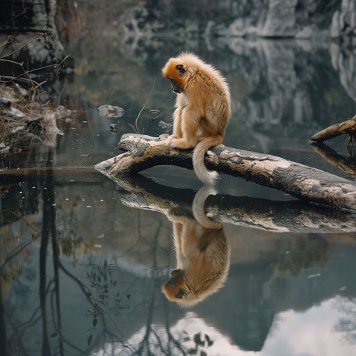 Yunnan snub-nosed monkey on fallen log over clear stream