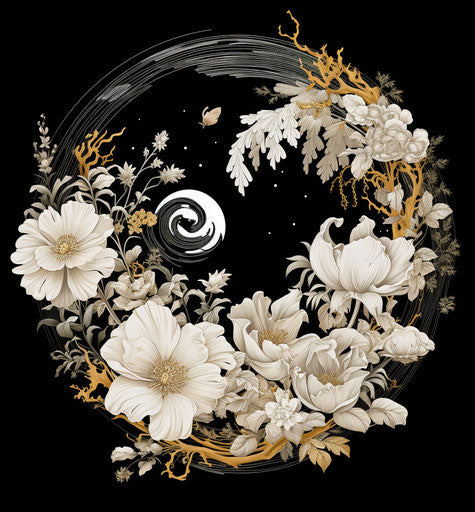 Black and white illustration of a yin yang symbol with flowers in the aesthetic movement style