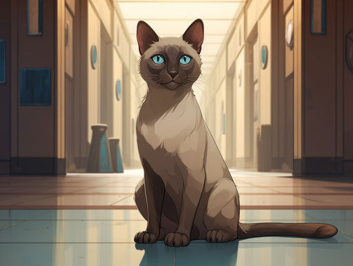 White Siamese Cat on Dark Beige and Teal Floor