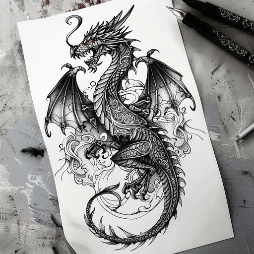 Neo-traditional flat tattoo sketch of a black dragon