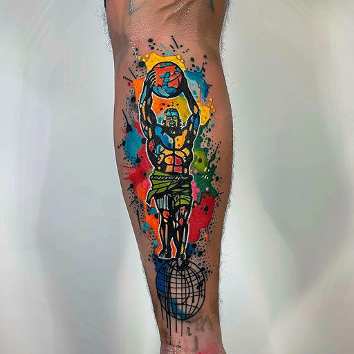 Graffiti-style tattoo of Atlas holding the world, vibrant