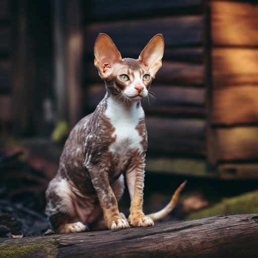 Cornish rex cat sitting in front of a log cabin