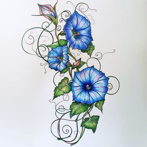 Whimsical tattoo sketch of morning glory with cartoonish details and playful colors