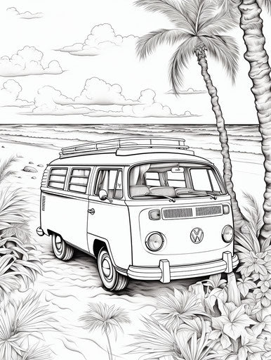Fun coloring page with a van on a beach