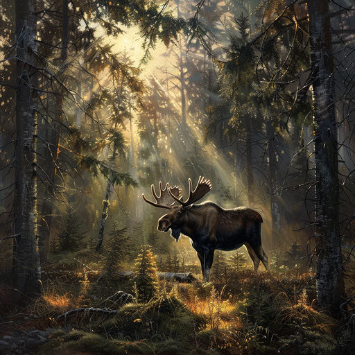 A moose in a forest clearing, with rays of sunlight filtering through