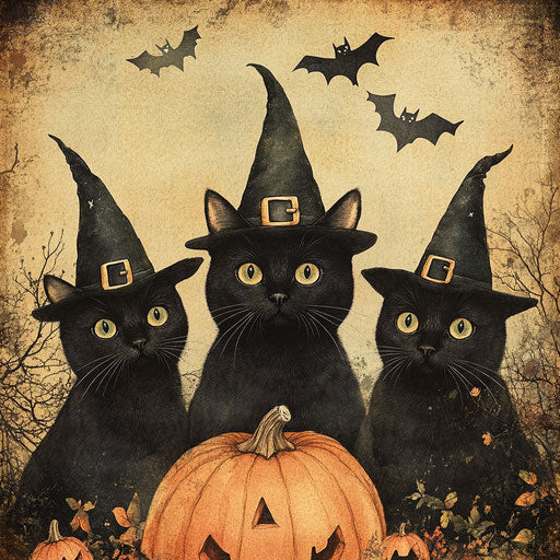 Three black witch cats with pumpkins and bats in background