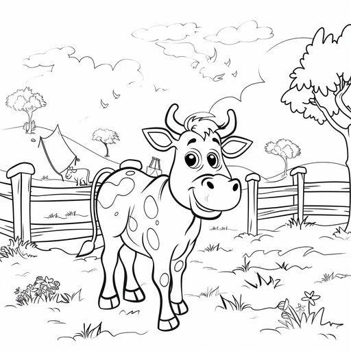 Cartoon cow in a playful farm setting