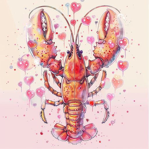 Romantic flat tattoo sketch of a lobster surrounded by heart-shaped bubbles, soft reds and pinks