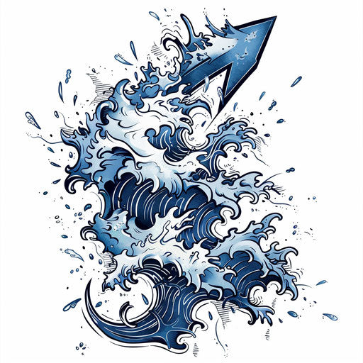 Dramatic tattoo sketch of a large thunderbolt with splashing water effects, flat style
