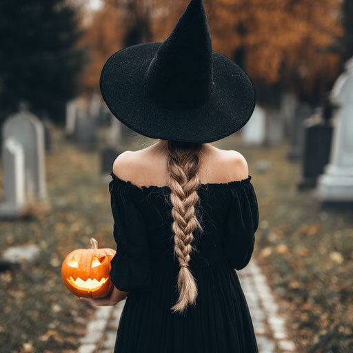 A witch in a graveyard during fall with glowing pumpkin