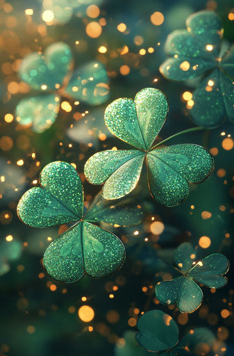 3D green shamrocks with glitter, golden lights in background, digital art style 29:44