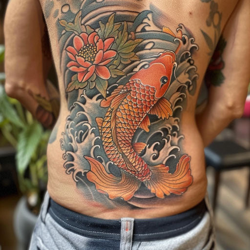 Lower back tattoo of a koi fish, Ed Hardy style