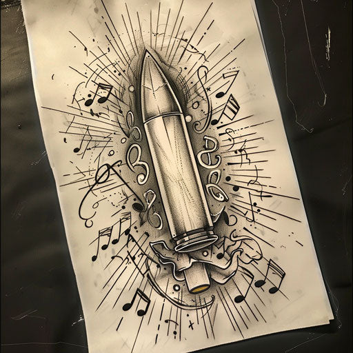 Vibrant flat tattoo sketch of a bullet surrounded by musical notes and sound waves