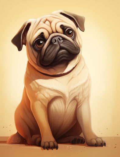Sitting cartoon pug dog, light orange and light maroon style