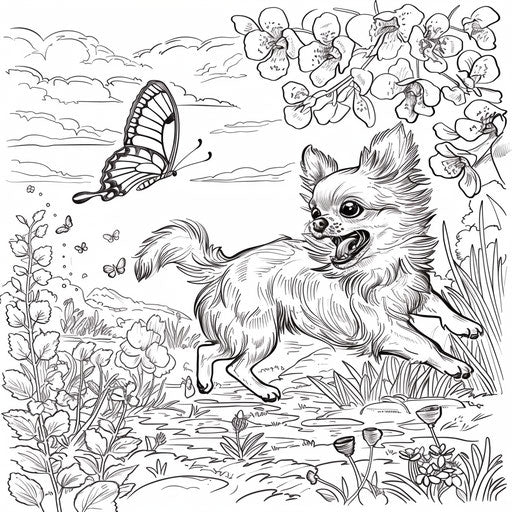 Chihuahua chasing butterfly in garden