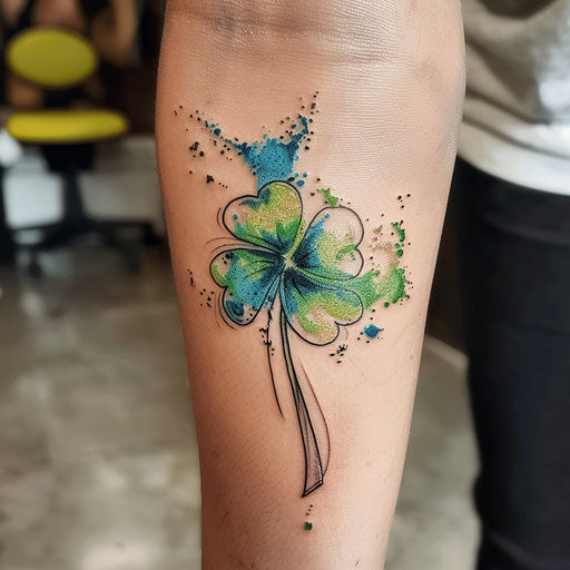 Modern flat tattoo design of a four-leaf clover with abstract elements and blue and green splashes
