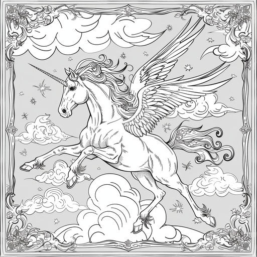 Whimsical horse with wings flying in the sky