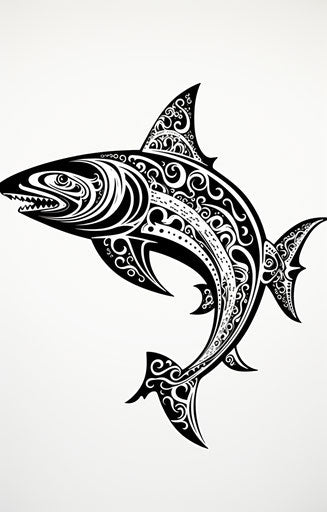 Tribal black and white shark illustration in elegant realism style