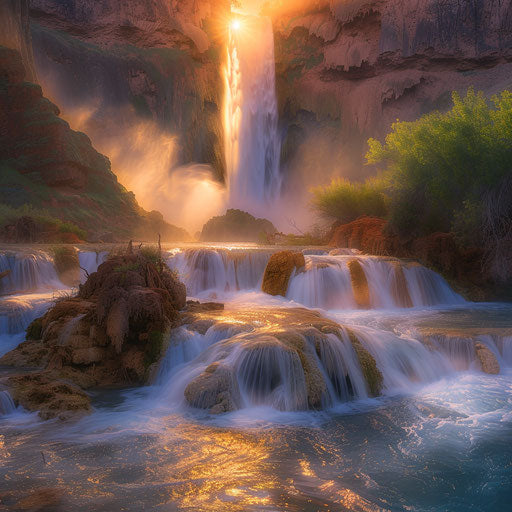 Havasu Falls with misty spray and sunset glow