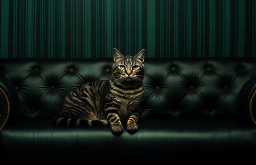 Cat on a black couch, dark emerald and light brown style