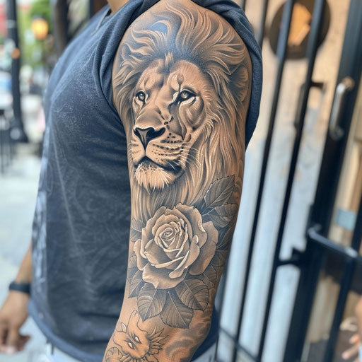 Realistic black and gray half sleeve tattoo of lion and roses