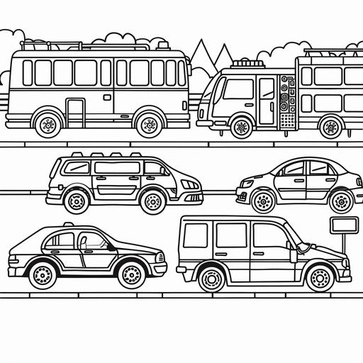Various vehicles in a row, coloring book page