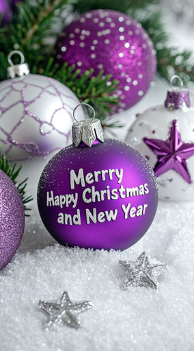 White, silver, and purple Christmas ornaments on elegant background with glittery stars, pine branches