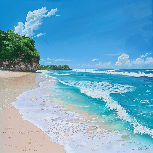 Uluwatu Beach, Indonesia, gentle waves under blue sky