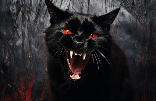 A black cat with a playful yet macabre style has its tongue slicked up