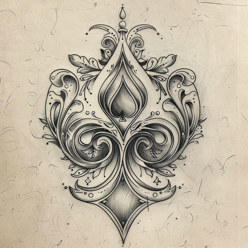 Whimsical spade tattoo with playful characters