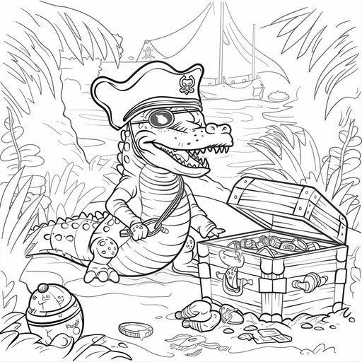 Pirate crocodile with hat and treasure chest