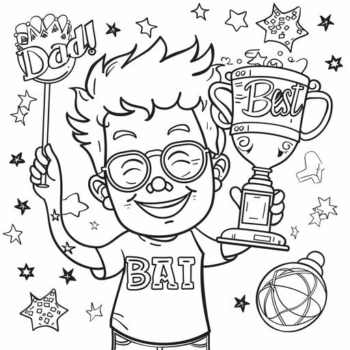 Whimsical dad with 'Best Dad' trophy surrounded by stars