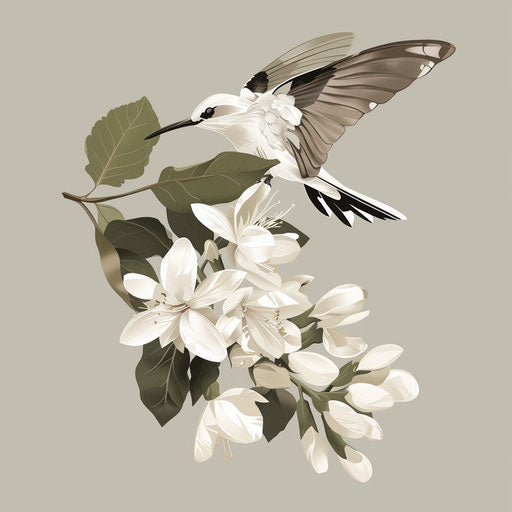 Realistic jasmine illustration with flat random background, monochrome palette and detailed wings