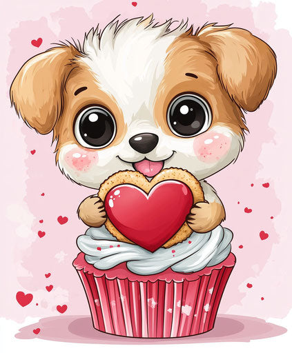 Happy Valentine's Day puppy holding a heart-shaped cookie