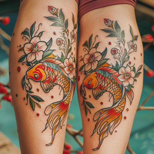 Traditional Japanese-inspired sister tattoos with koi fish