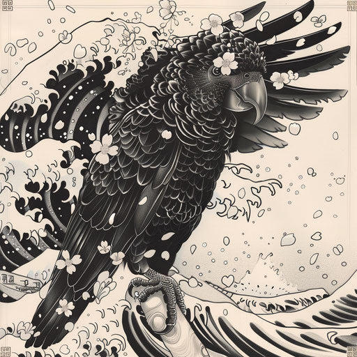 Japanese irezumi tattoo sketch of a yellow-tailed black cockatoo