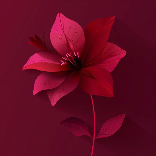 Flat background in deep maroon supporting cartoon flower png in a photo realistic depiction, accented with dynamic shadows and bright highlights