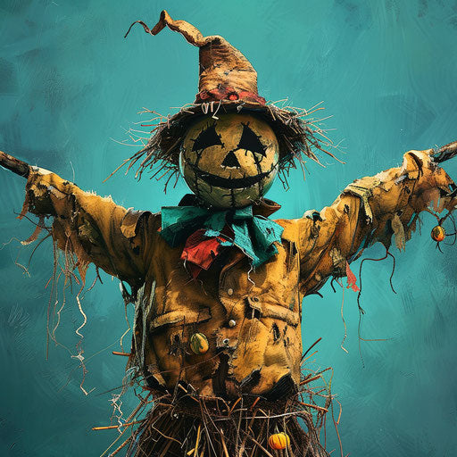 Realistic scarecrow clipart with teal flat background