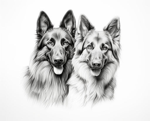 White and gold dogs in realistic drawing, photo style, Nikon AF600