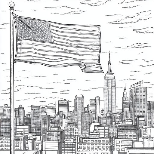 Flag in a sunset cityscape, realistic style