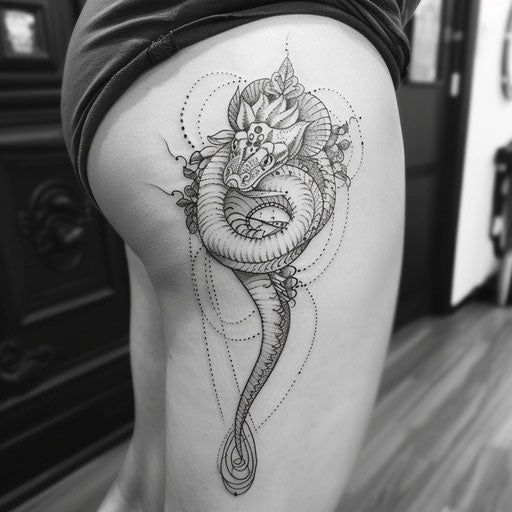 Elegant sketch of a cobra tattoo in black and white with intricate lace details