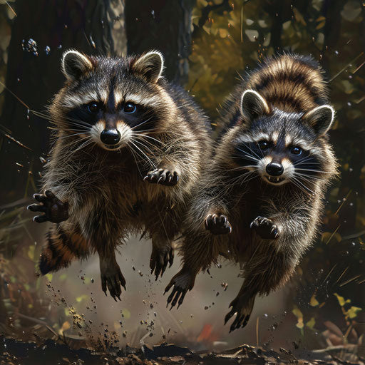 Raccoons captured in mid-action, in the style of Marsel van Oosten