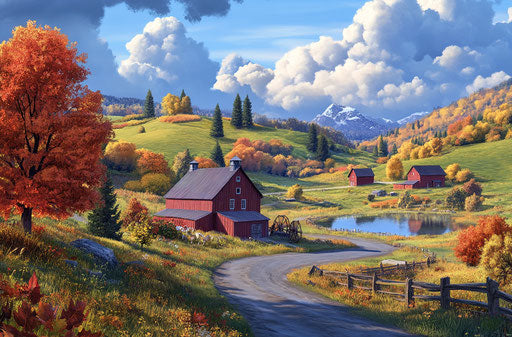 Colorful autumn landscape with farm buildings and winding road