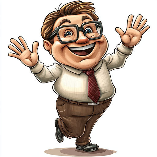 Humorous caricature of an office clipart with human characteristics, exaggerated thick eyelashes, big feet, monochrome, vibrant colors, cartoon style, waving, high resolution, no background, isolated